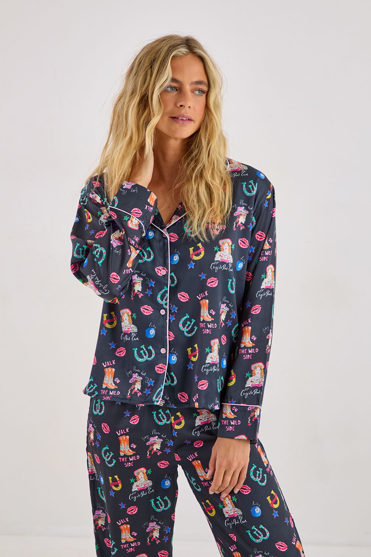 NastyGal Satin Western Conversational Contrast Piped Pajama Pants Set Black image 2