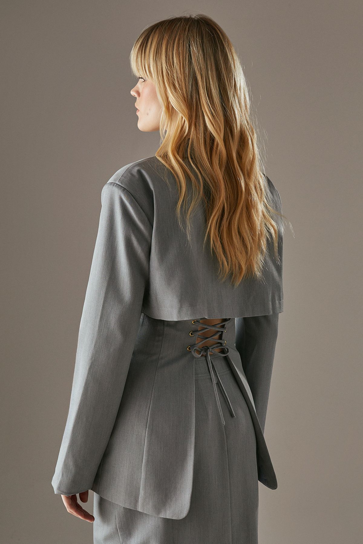 Warehouse Deconstructed Lace Up Blazer Dark Grey image 3