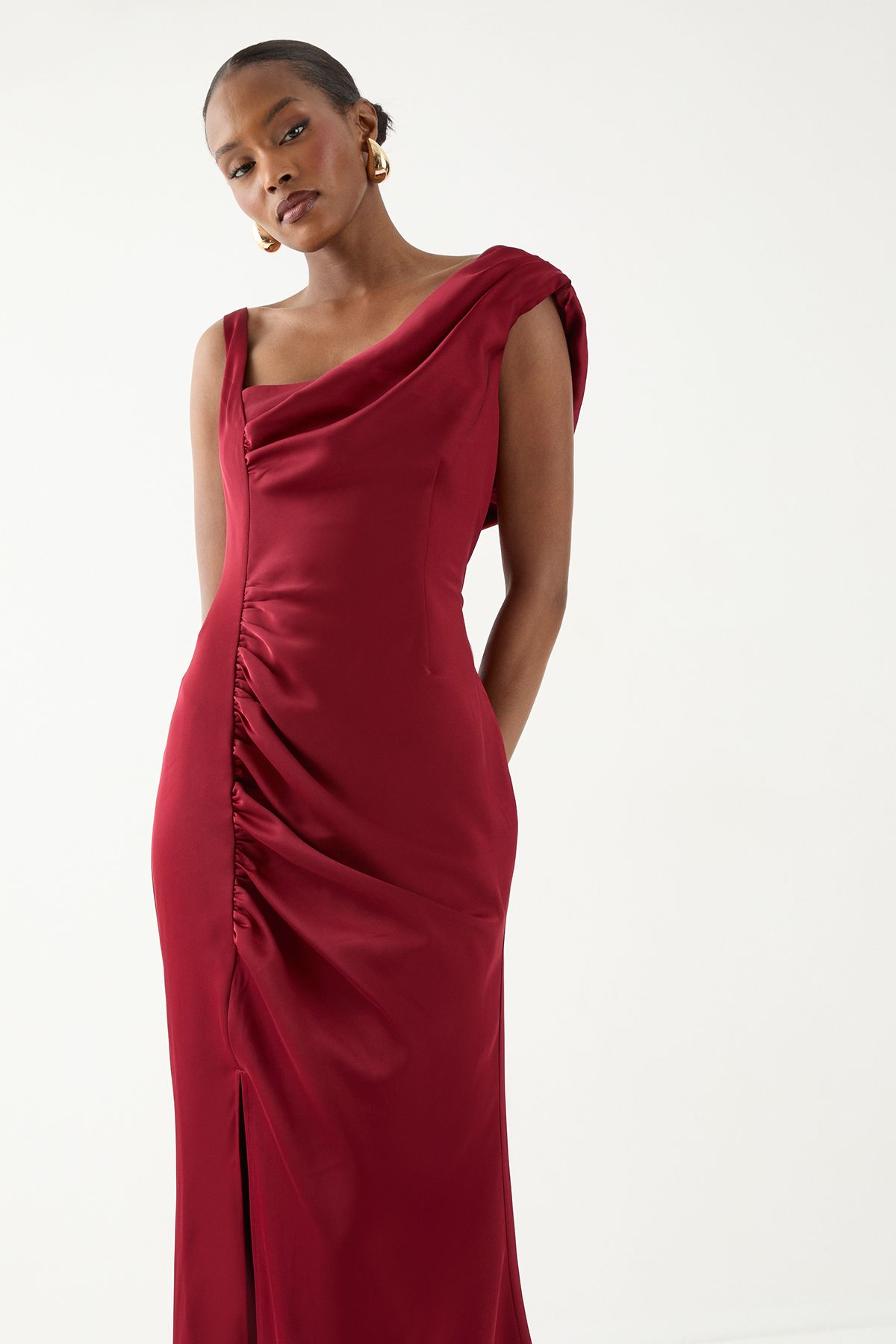 MissPap Satin Ruched Drape Bridesmaid Dress Red image 2