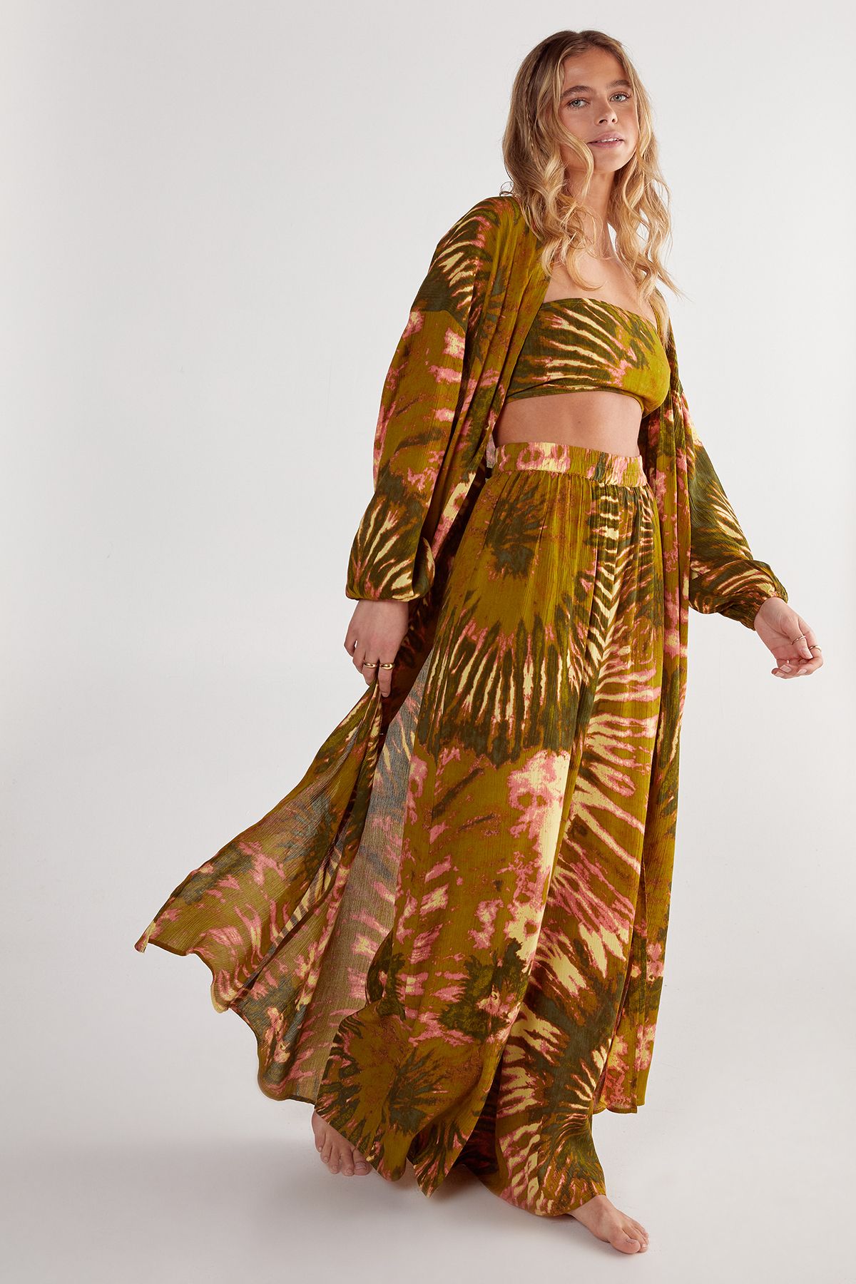 NastyGal Crinkle Viscose Tie Dye Bandeau, Pants, Kimono 3pc Set Khaki image 3