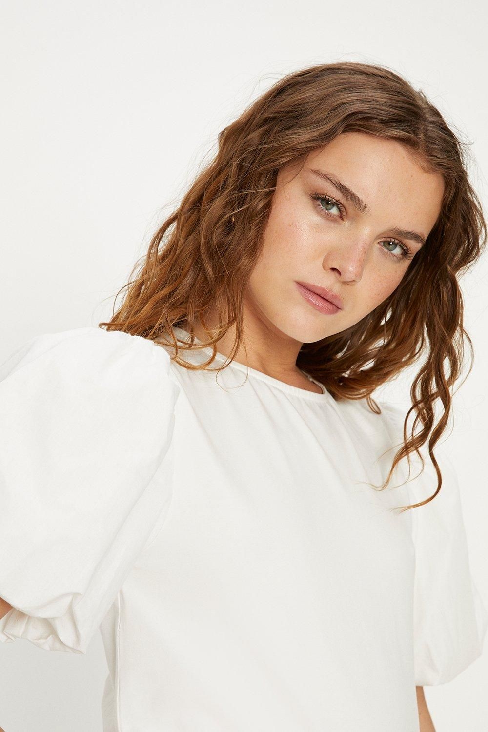 Oasis Woven Mix Puff Sleeve T-Shirt White image 2