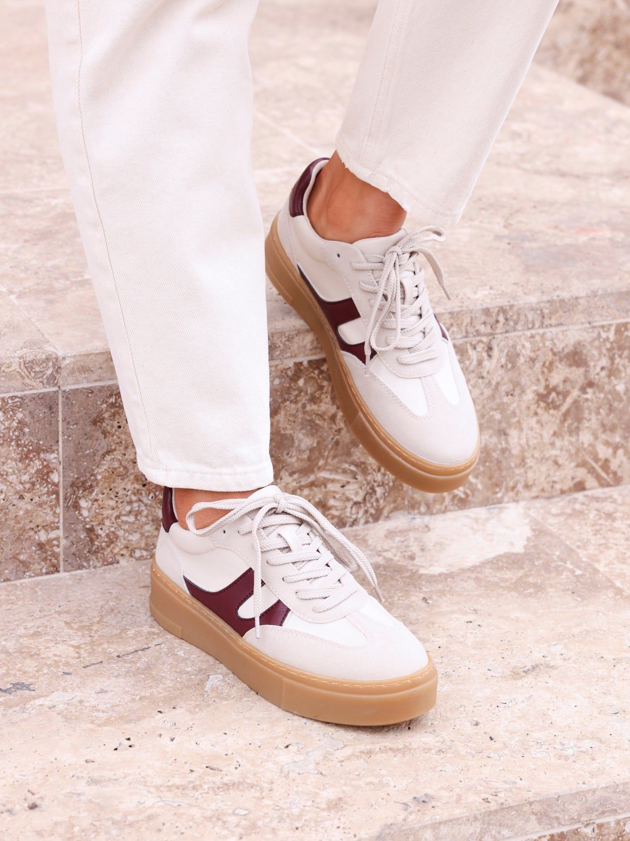 Linzi Kaia Nude And Burgundy Faux Leather Lace Up Flatform Trainers image 6