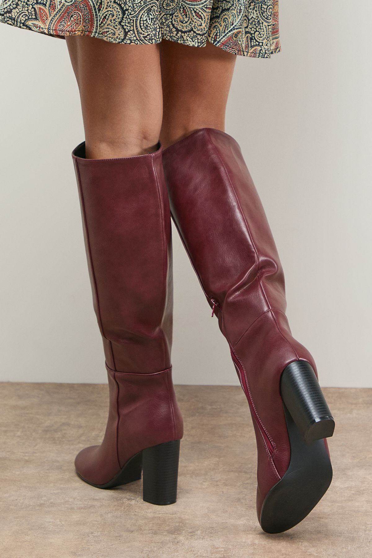 Oasis Tamsin Faux Leather Stacked High Block Heel Knee Boots Dark Red image 4