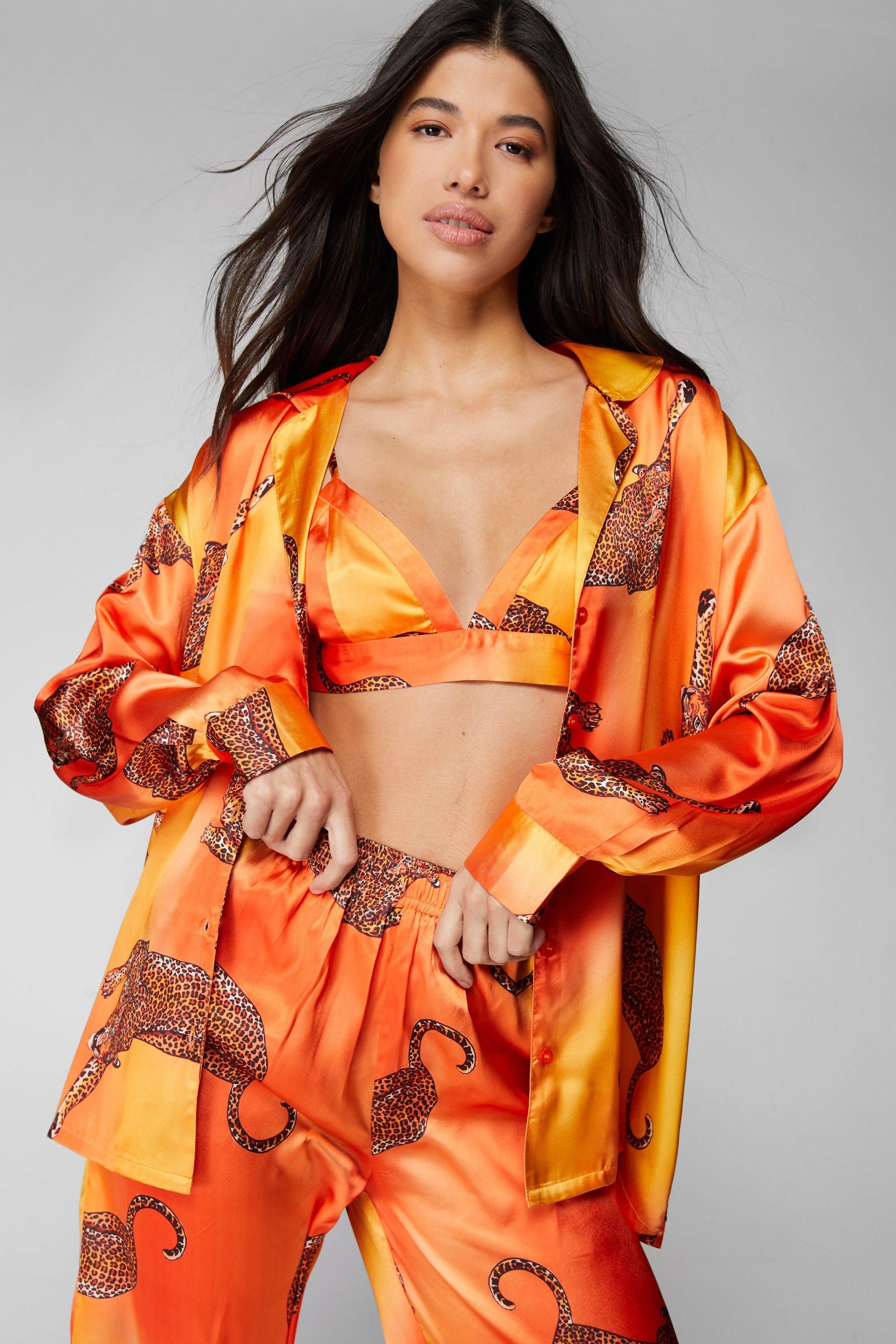 NastyGal Satin Leopard 3pc Shirt Bralette & Pants Pajama Set Orange image 3