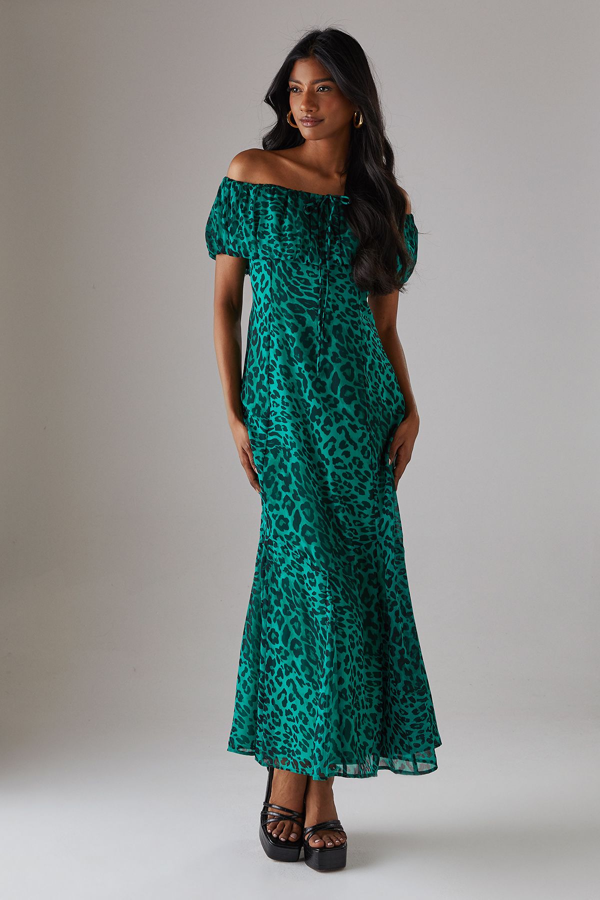 Warehouse Chiffon Bardot Godet Insert Milkmaid Midi Dress Green image 1