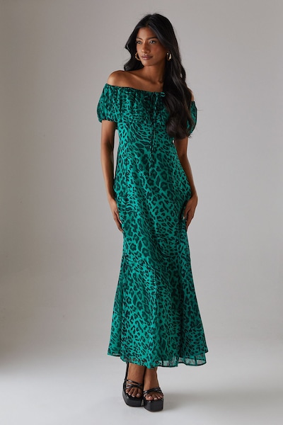 Warehouse Chiffon Bardot Godet Insert Milkmaid Midi Dress Green