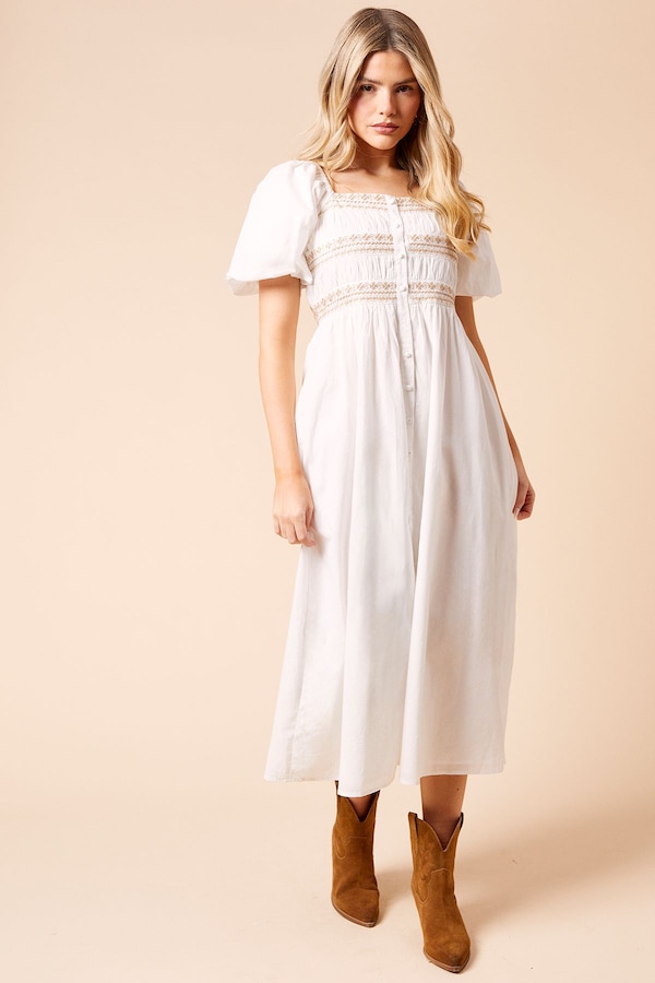 Dorothy Perkins Embroidered Bust Button Through Poplin Midi Dress Rust