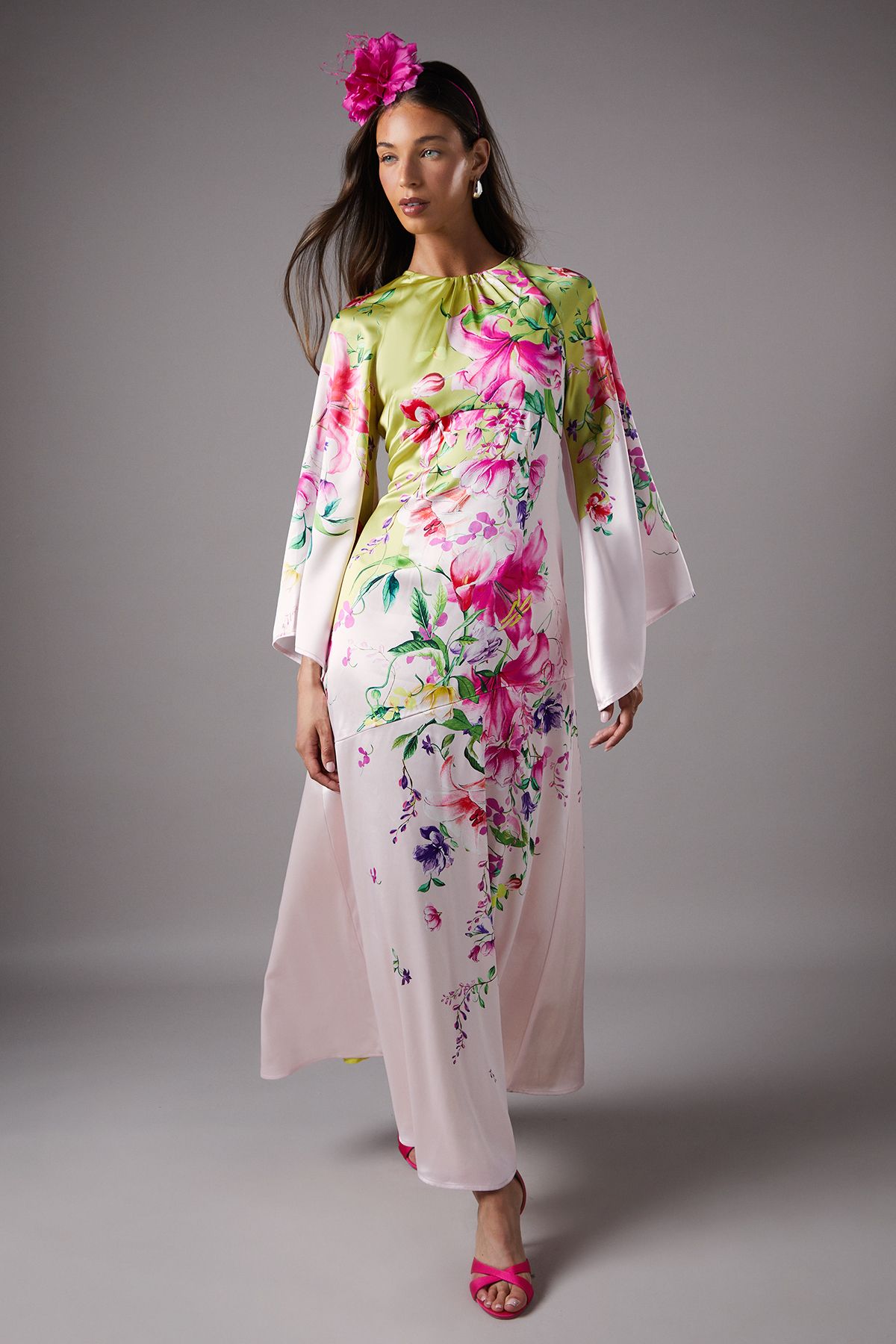 Coast Long Sleeve Satin Printed Maxi Dress Lime