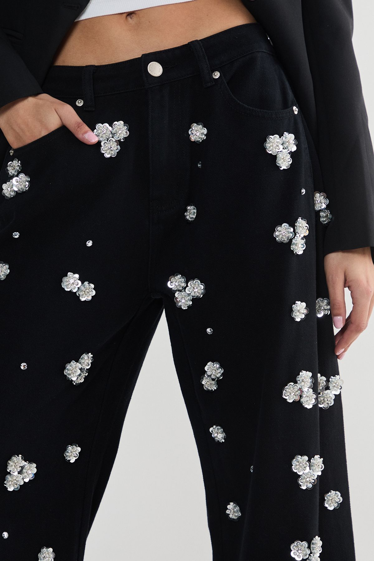 NastyGal Limited Embellished Flower Applique Jean Washed Black image 5