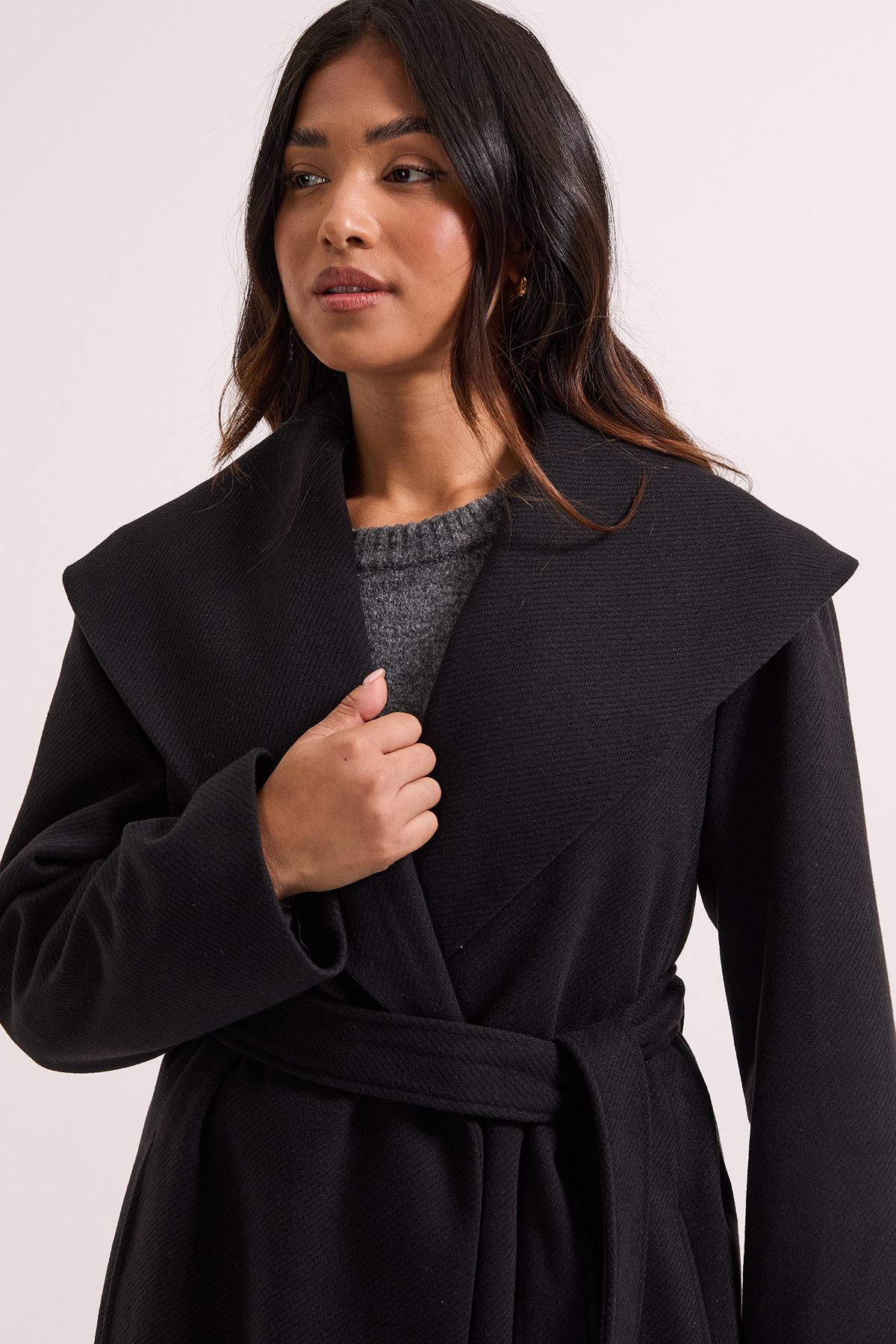 Dorothy Perkins Petite Shawl Belted Coat Black image 3