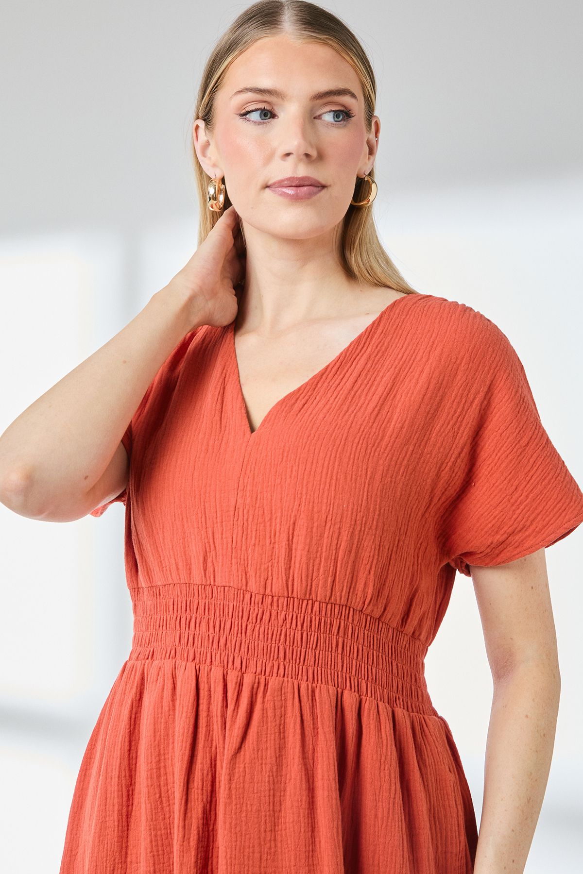 Principles Gauze Shirred Waist Detail Midi Dress Rust image 4