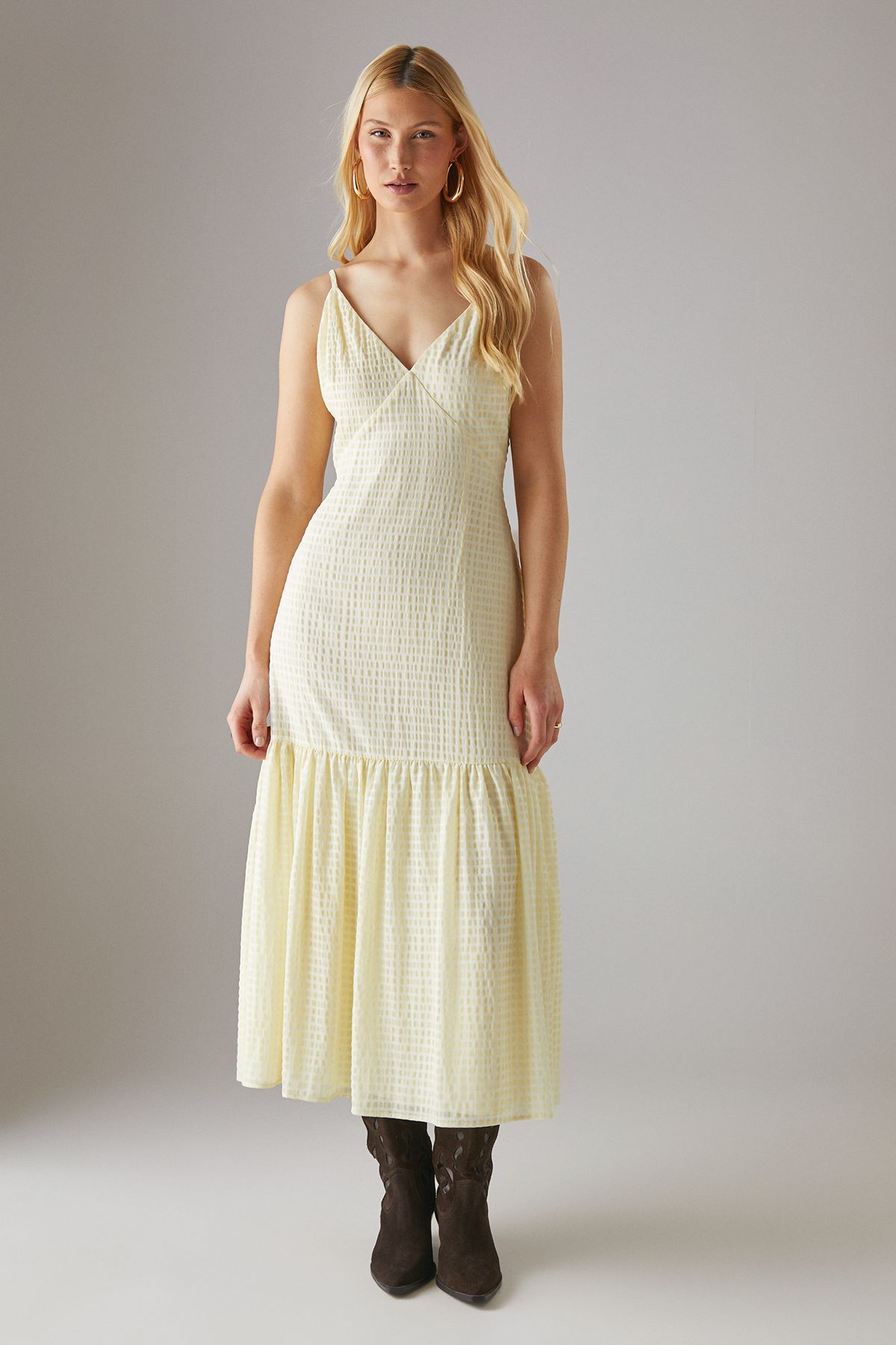 Warehouse Check Organza High Apex Strappy Midi Dress Yellow image 1