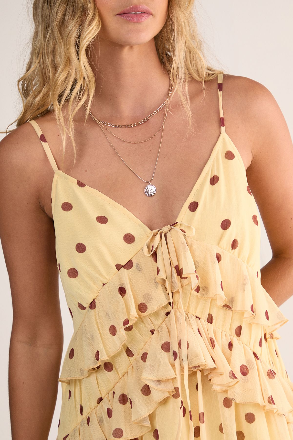 NastyGal Polka Dot Ruffle Tie Front Maxi Dress Lemon image 2