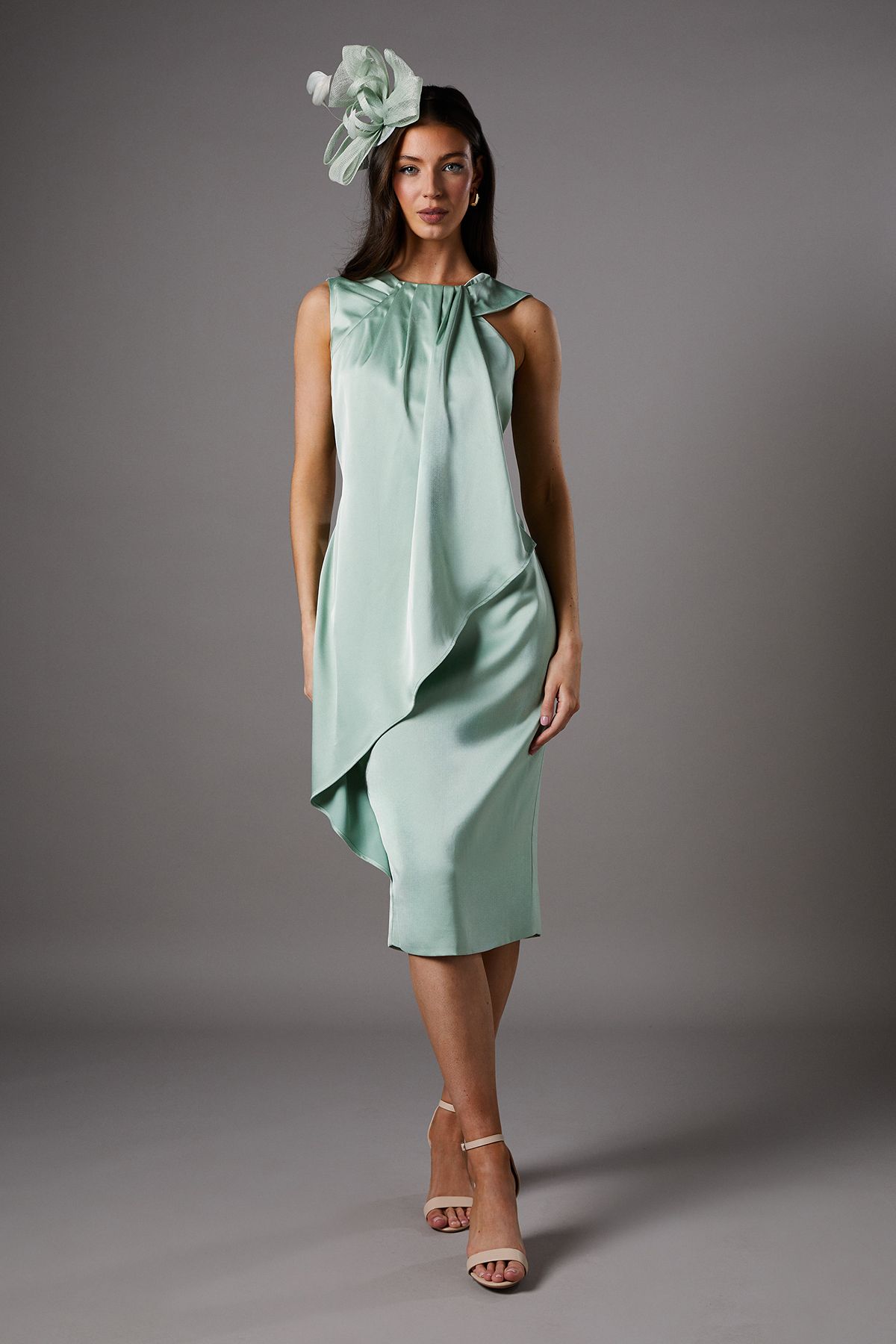 Coast Sleeveless Satin Frill Midi Dress Sage image 1