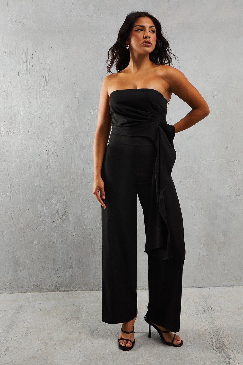 MissPap Bandeau Ruched Draped Side Wide Leg Jumpsuit True Black image 2
