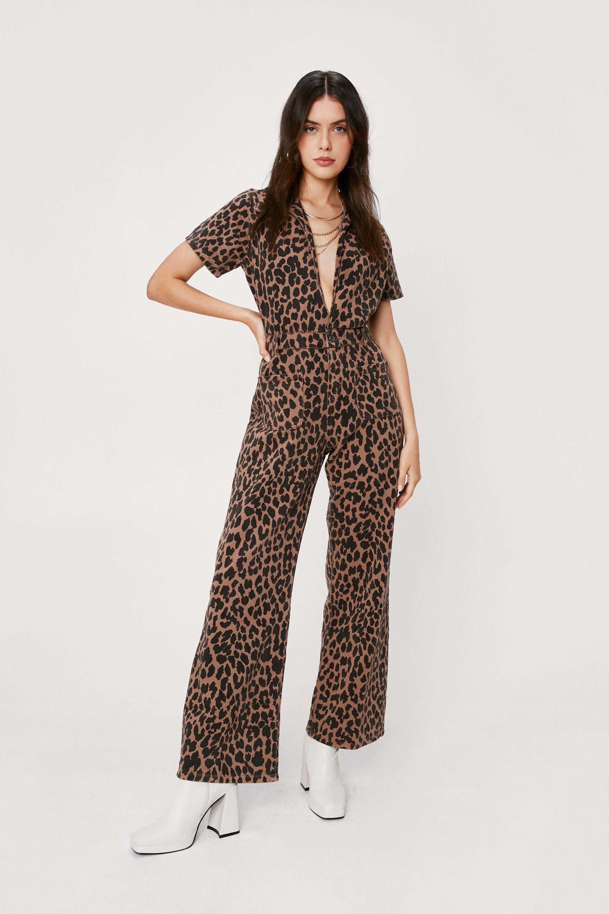 NastyGal Denim Leopard Print V Neck Jumpsuit Chocolate image 2