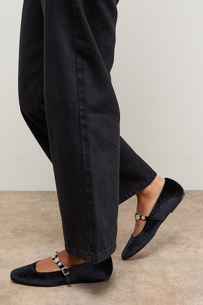 Oasis Jem Velvet Flower Brooch Detail MaryJane Ballet Pump Black