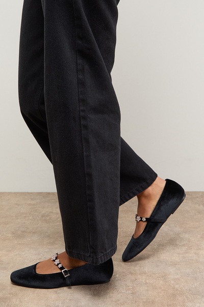 Oasis Jem Velvet Flower Brooch Detail MaryJane Ballet Pump Black