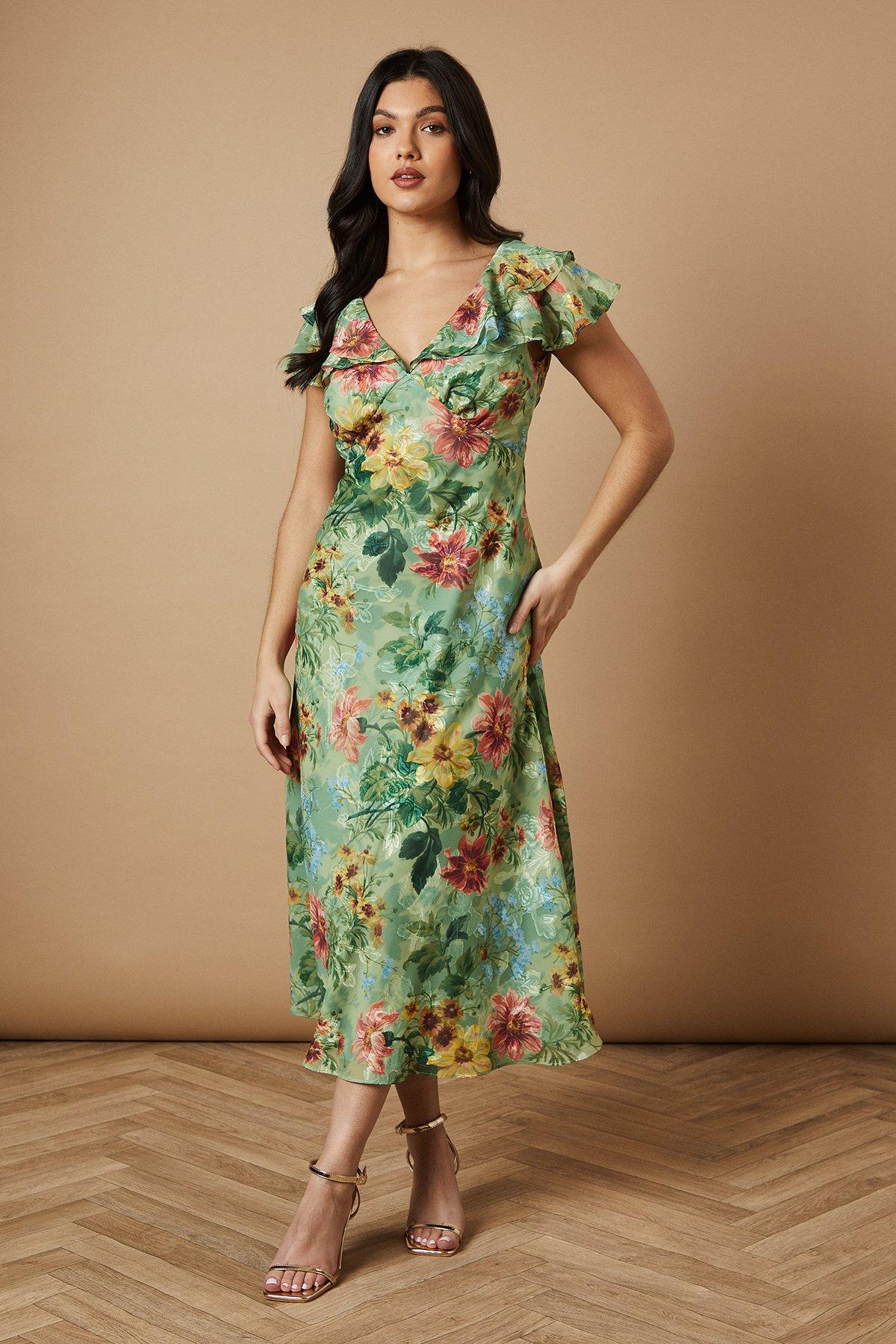 Oasis Floral Satin Burnout Ruffle Midi Dress Sage image 1