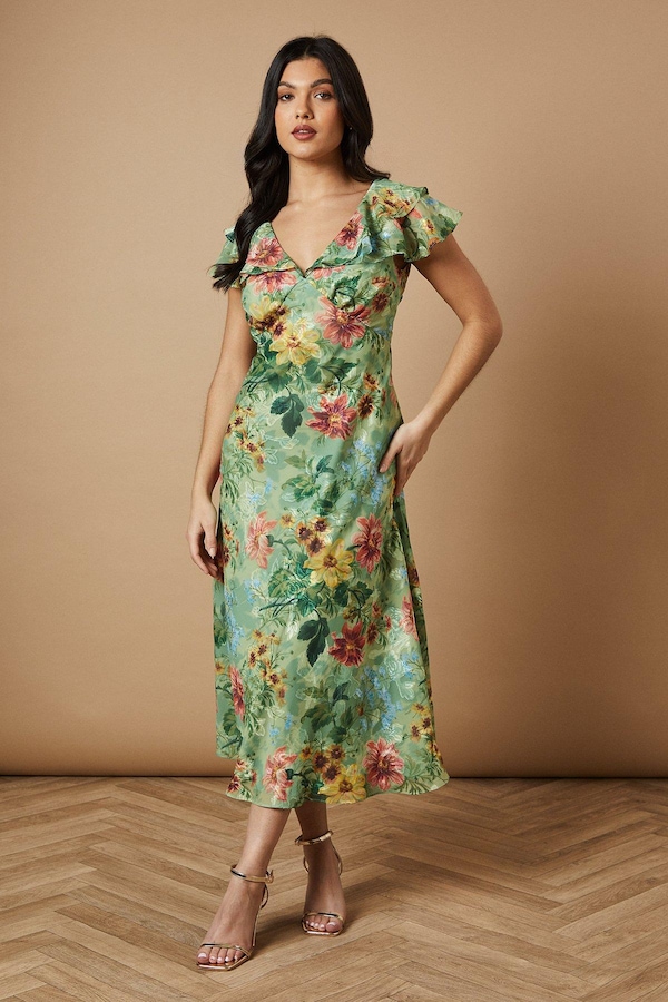 Oasis Floral Satin Burnout Ruffle Midi Dress Sage