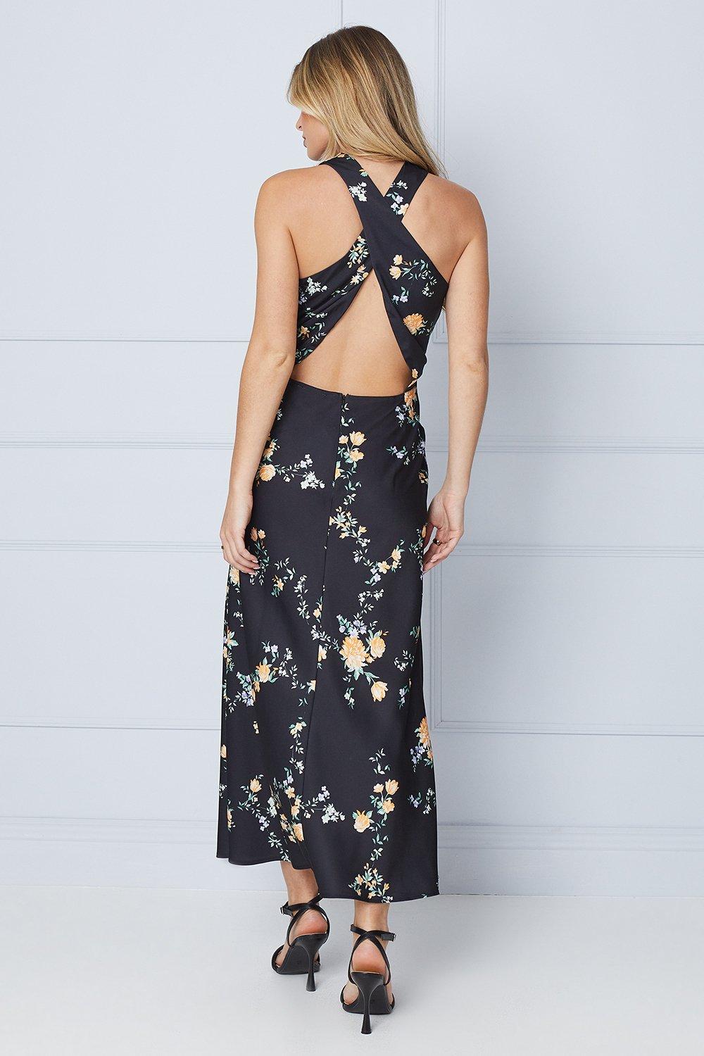 Oasis Occasion Floral Satin Cross Back Midi Dress Black image 3
