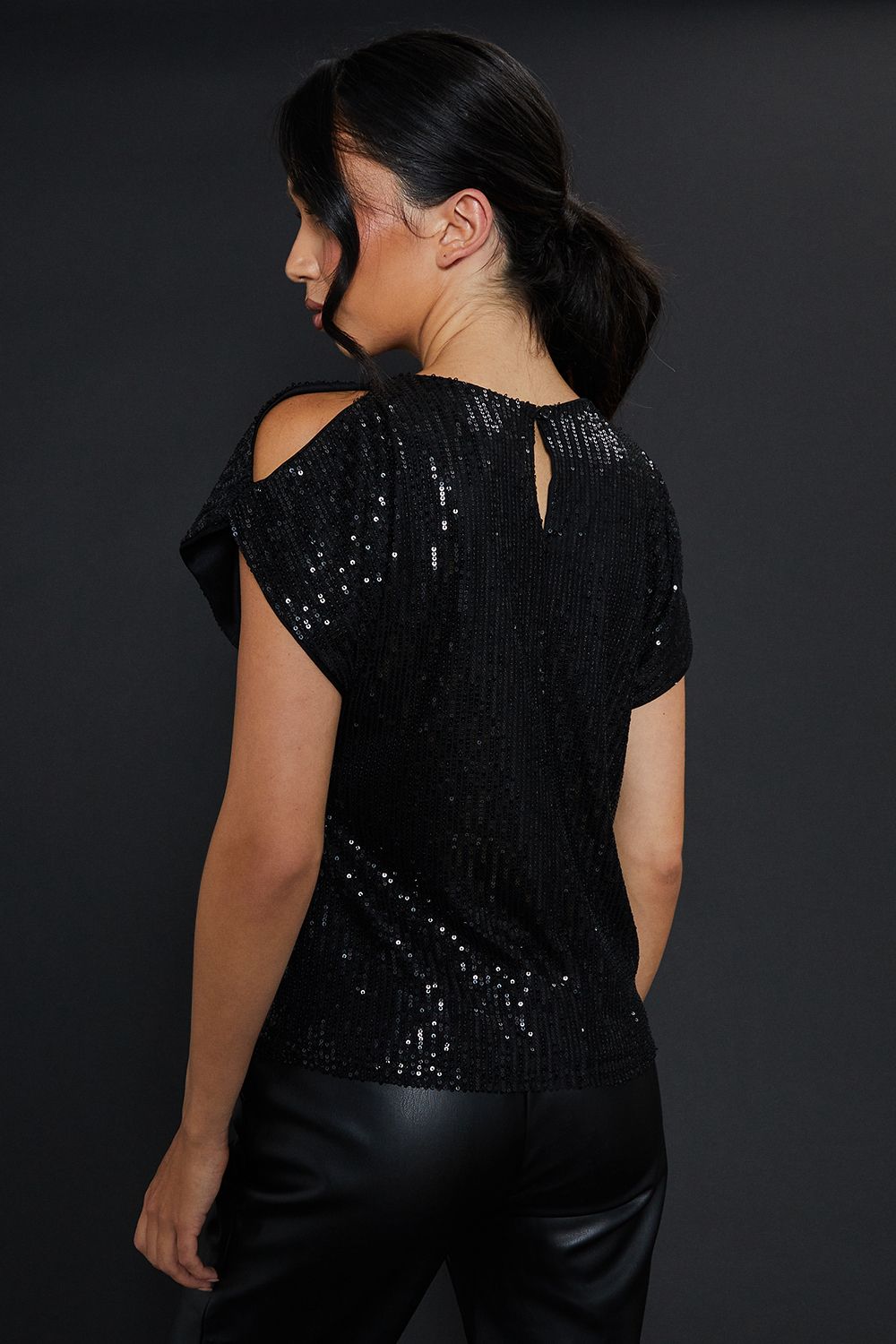 Dorothy Perkins Sequin Keyhole Shoulder Short Sleeve Top Black image 3