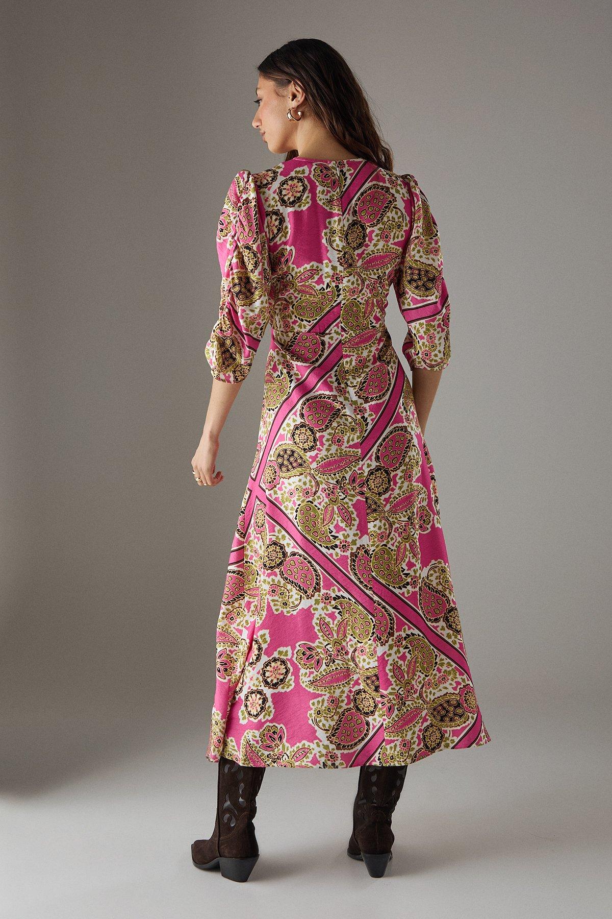 Warehouse Viscose Paisley V Neck Puff Sleeve Midi Dress Multi image 4