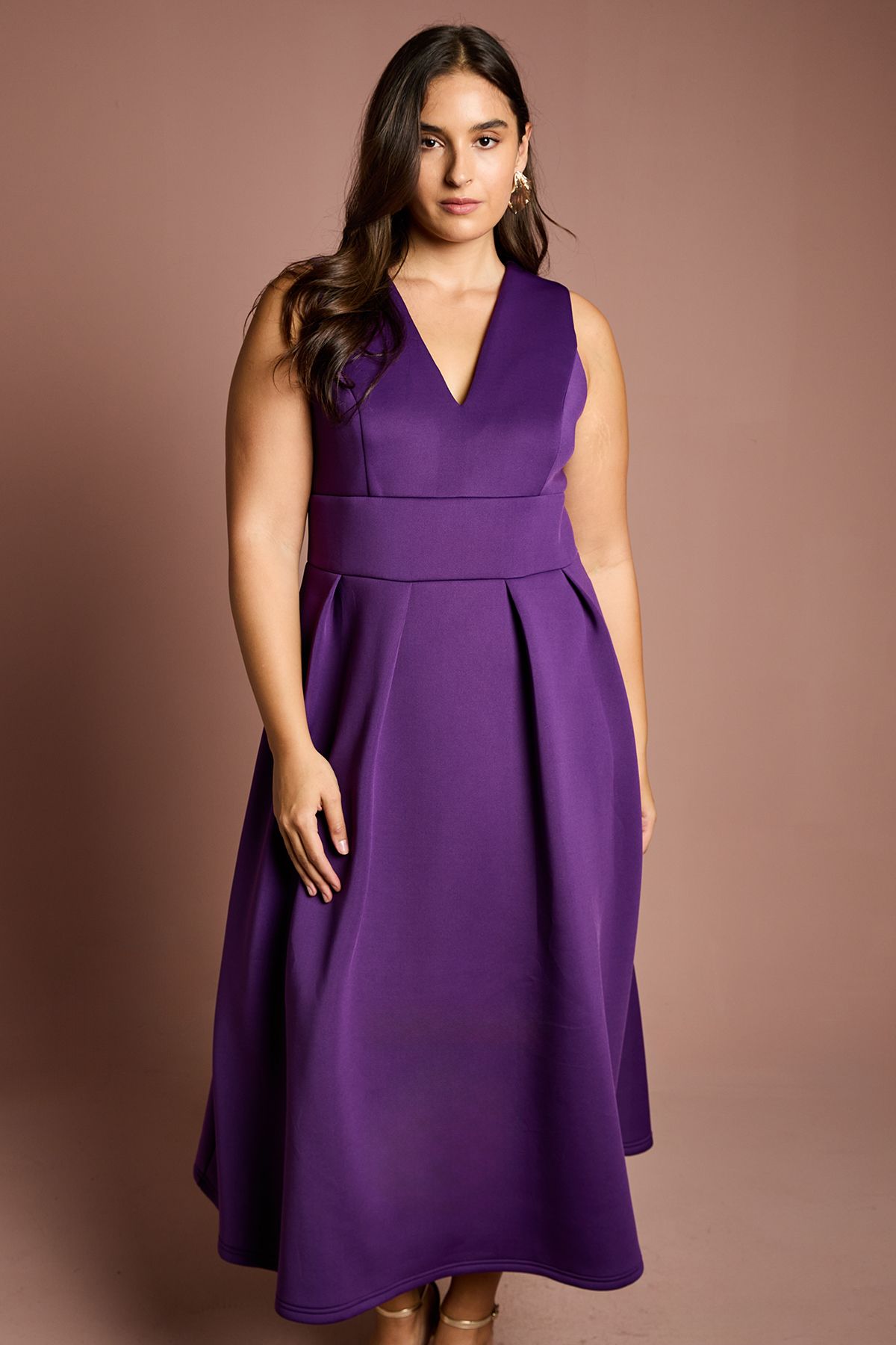 Coast Plus Plunge Neck Full Skirted Midi Dress In Scuba Purple image 2