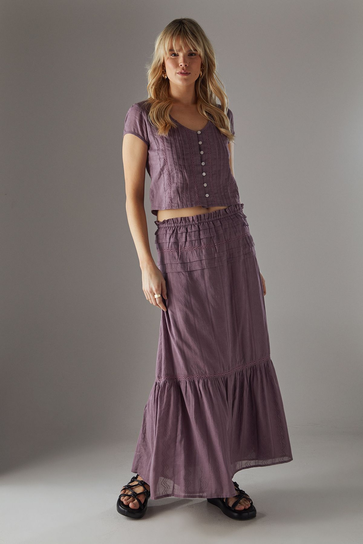 Warehouse Cotton Dobby Trim Insert Boho Skirt Mauve image 1