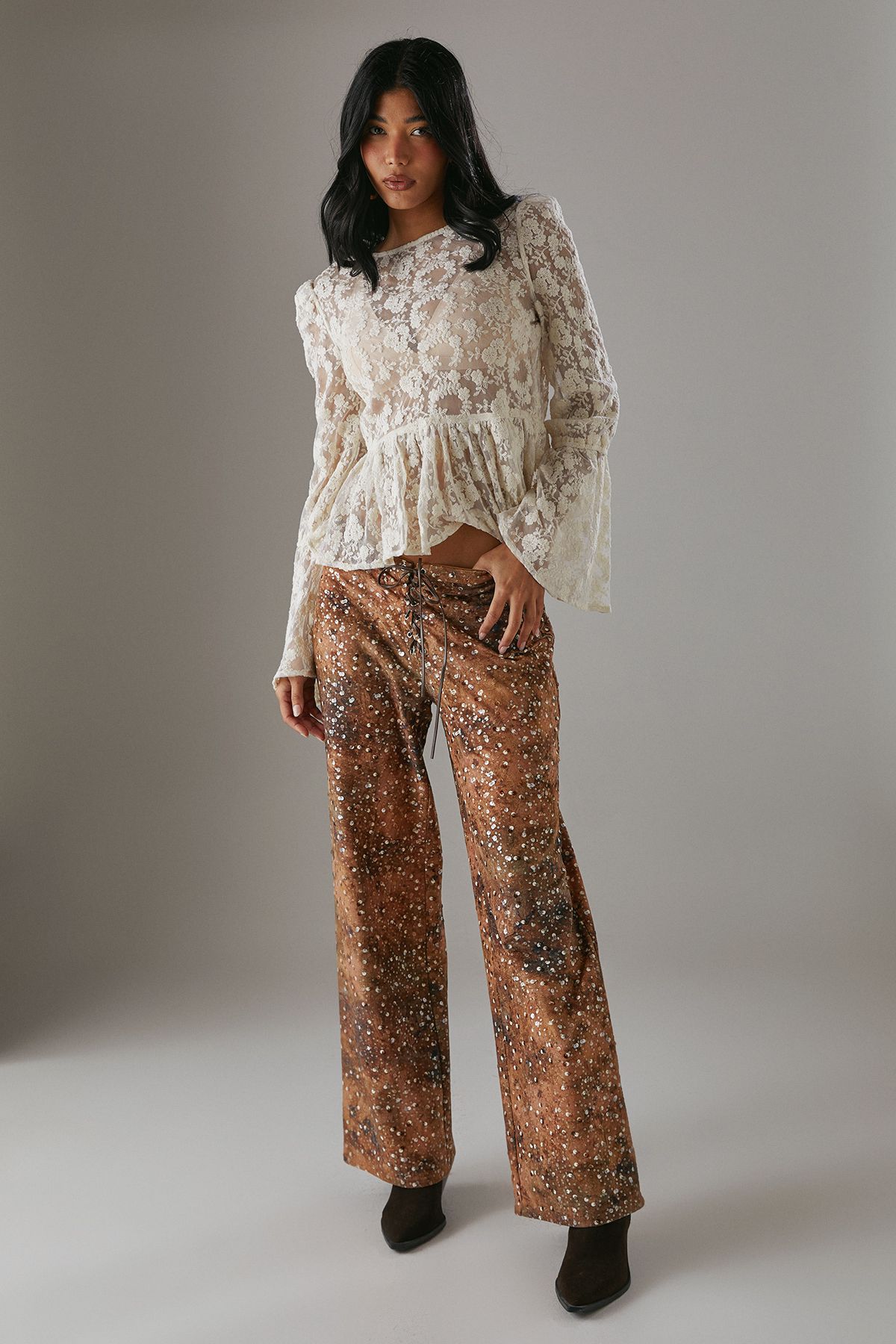 Warehouse Suedette Sequin Lace Up Trouser Brown