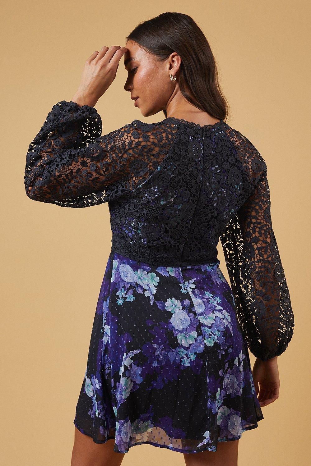 Oasis Petite Occasion Floral Lace Bodice Mini Dress Navy image 3