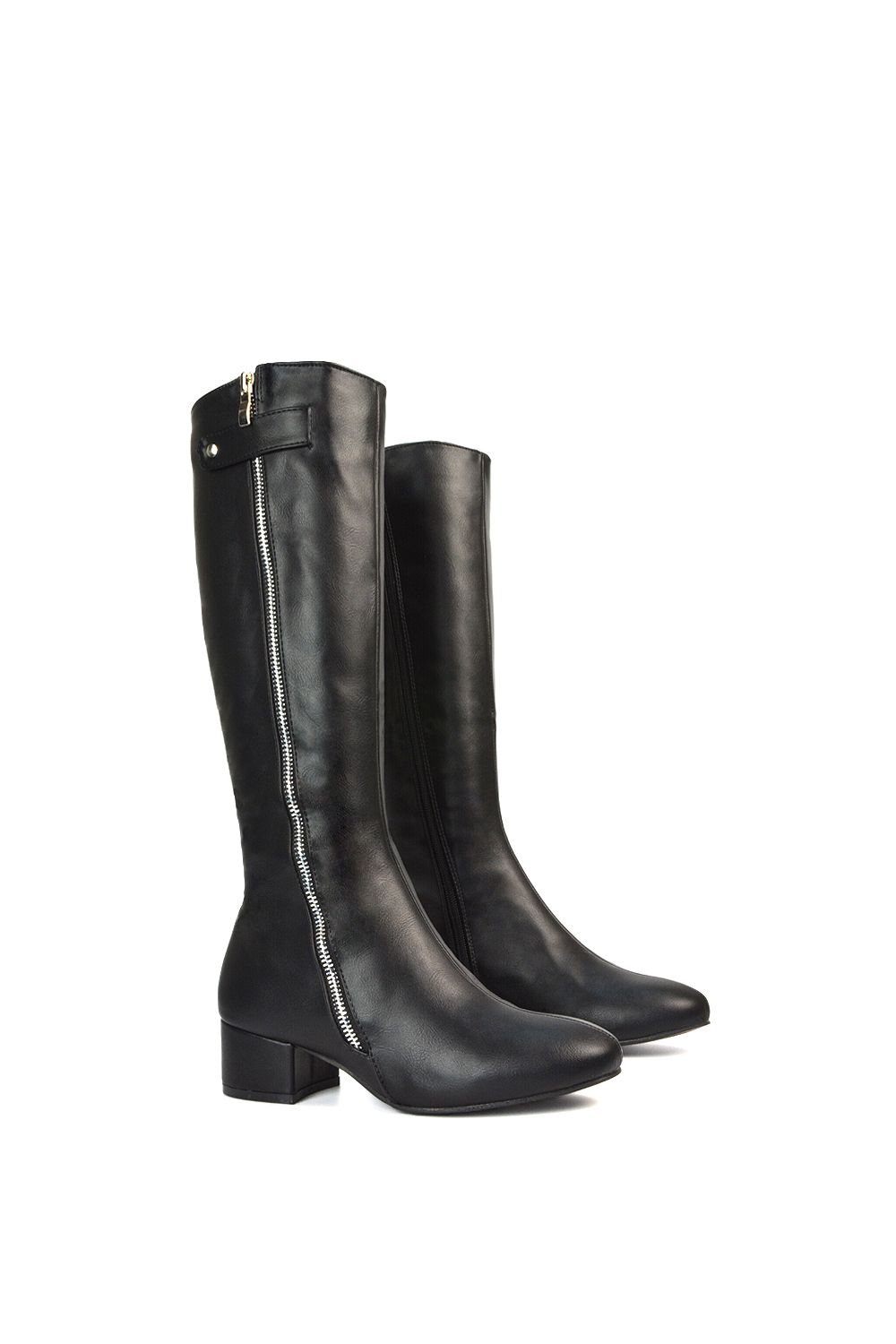 XY London 'Darcy' Low Block Heel Knee High Long Boots With Decorative Zip image 6