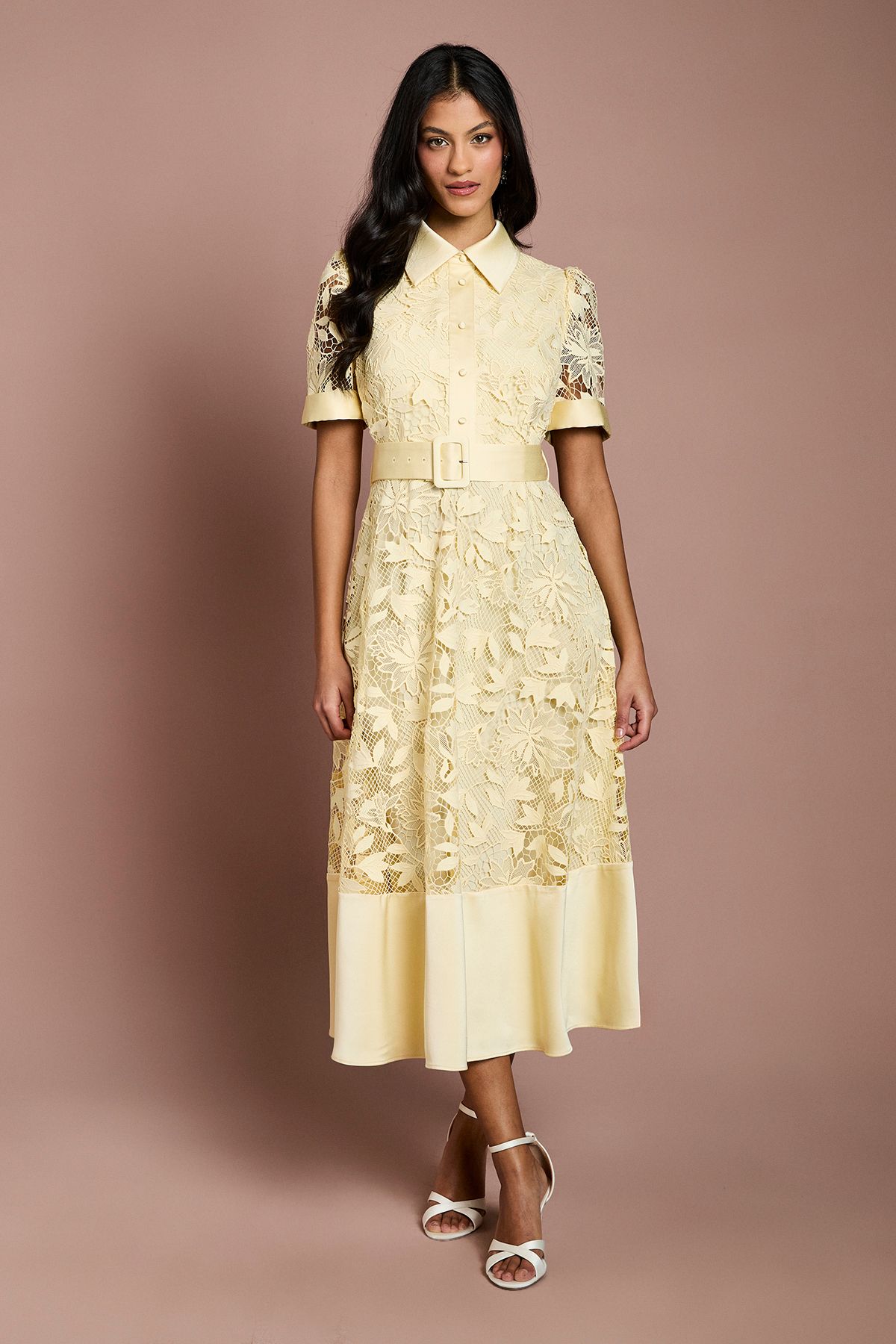 Coast Petite Satin Trim Lace Shirt Midi Dress Lemon