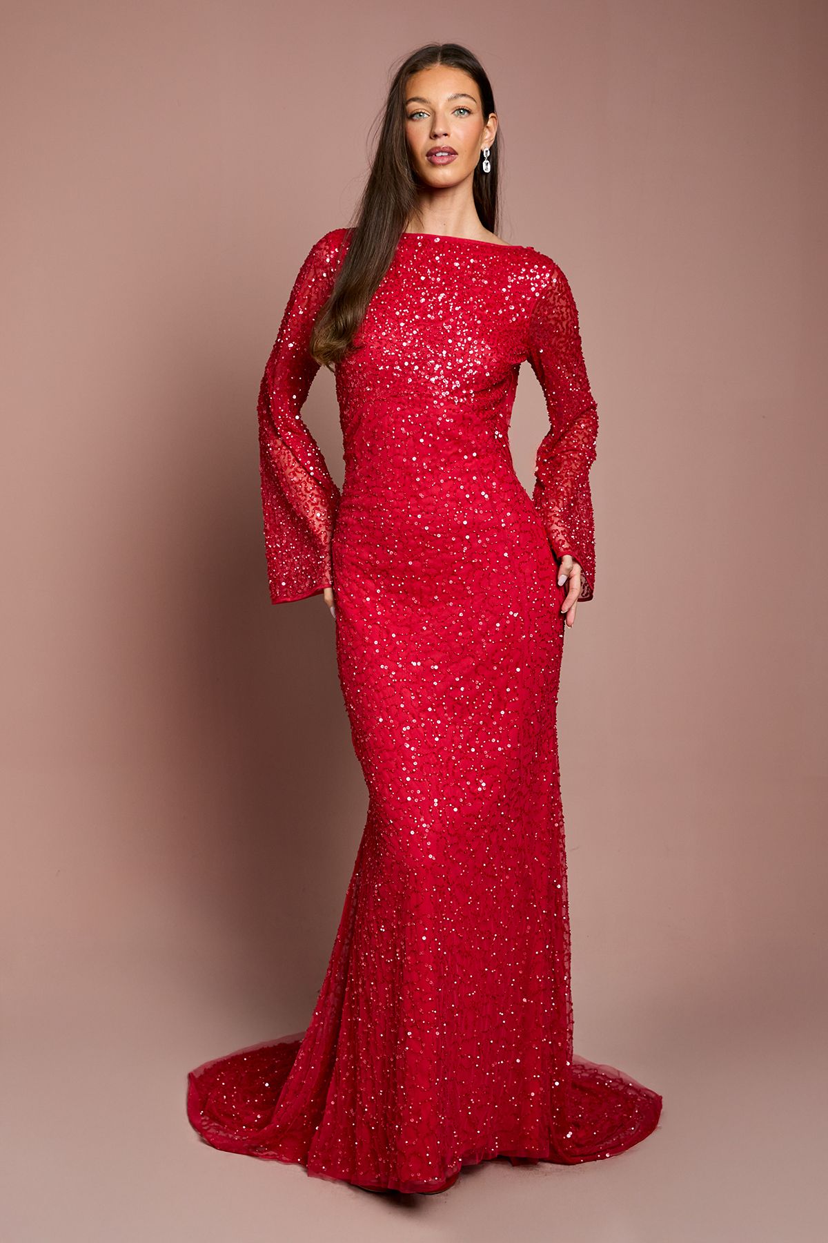 Coast Long Sleeve Flare Sleeve Cowl Back Sequin Maxi Dress Red