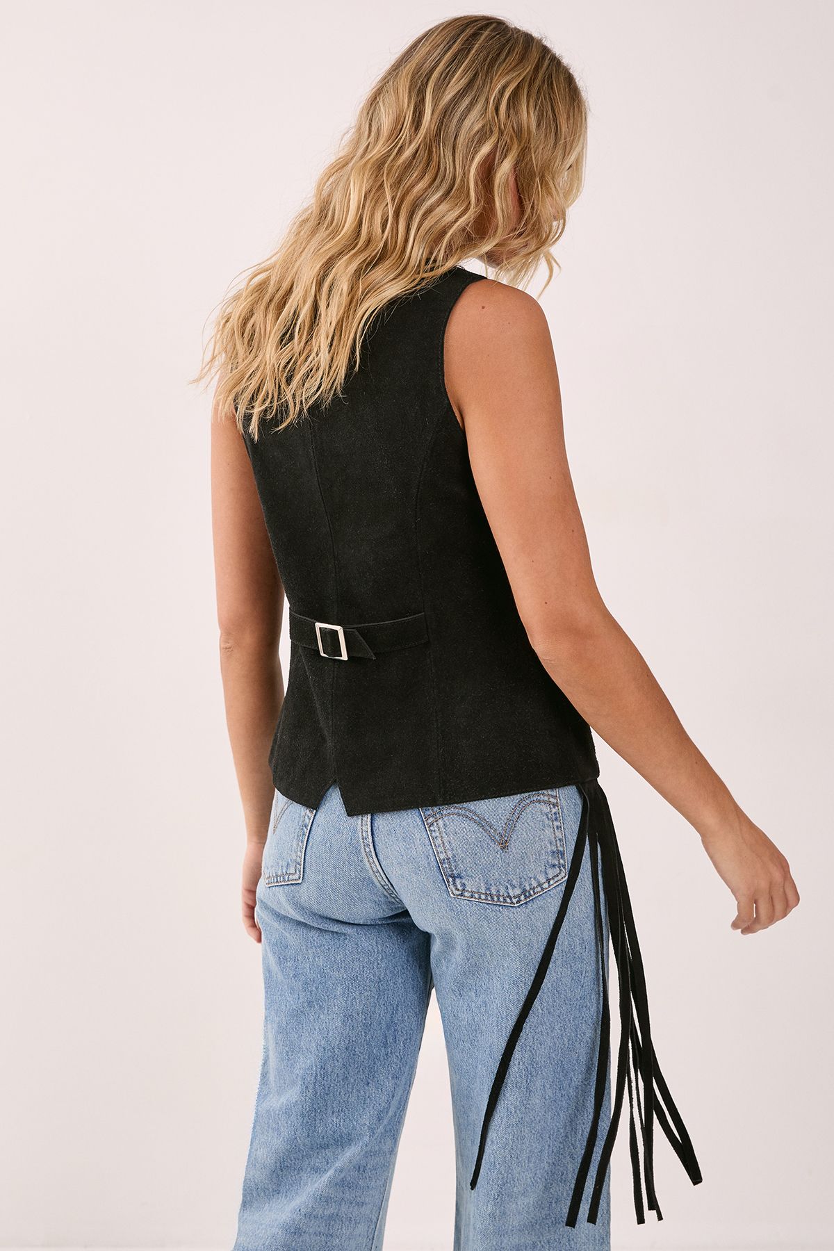 NastyGal Premium Suede Fringe Waistcoat Black image 3