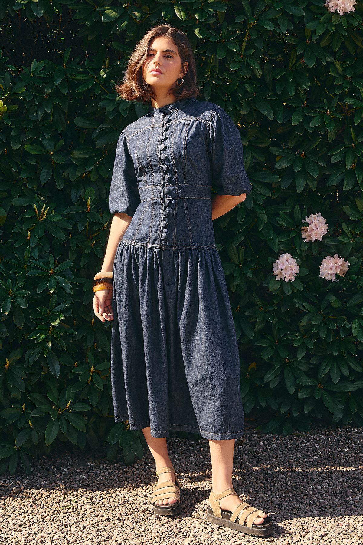 Oasis Drop Waist Button Up Denim Midi Dress Dark Wash image 1