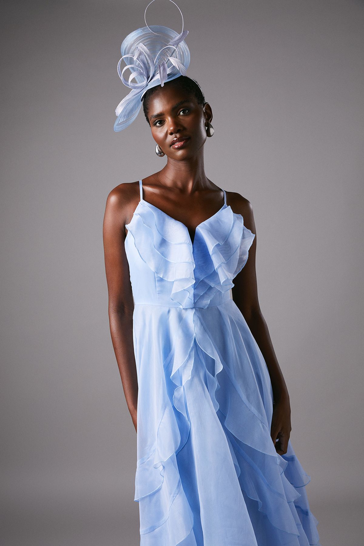 Coast Frill V Neck Midi Wedding Guest Dress Blue image 2
