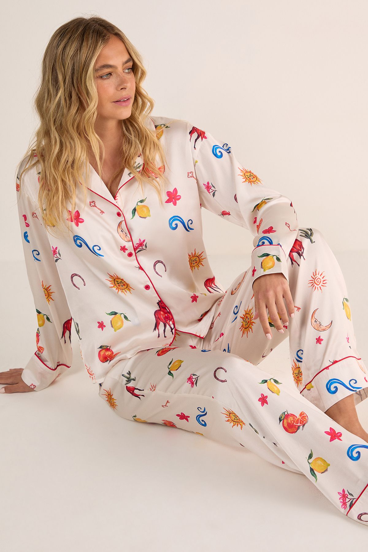 NastyGal Satin Western Conversational Contrast Piped Pajama Pants Set Champagne image 2