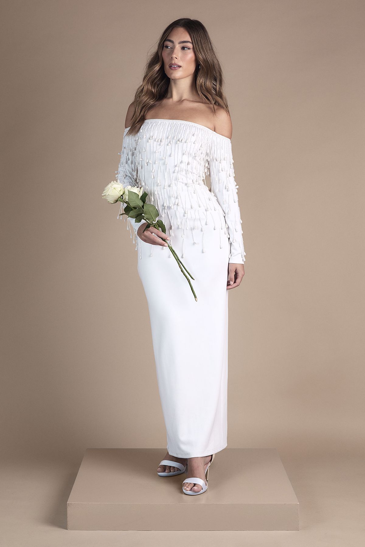 Coast Long Sleeve Bardot Scuba Embellished Pencil Wedding Dress Ivory