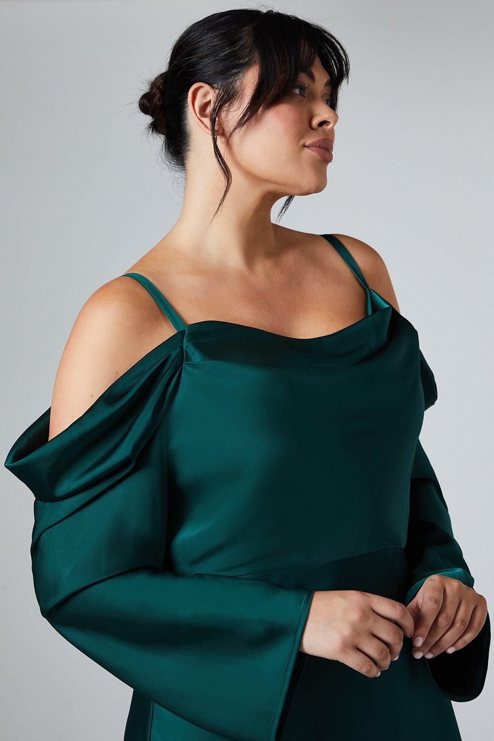 Coast Plus Size Long Sleeve Cowl Neck Satin Bridesmaid Dress Emerald image 4