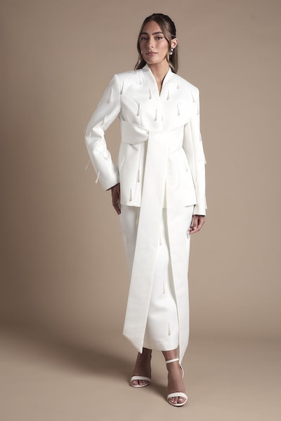 Coast Wrap Satin Bridal Blazer With Pearl White