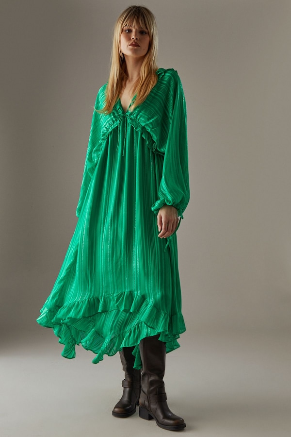 Warehouse Shadow Stripe Volume Sleeve Hanky Hem Midaxi Dress Green