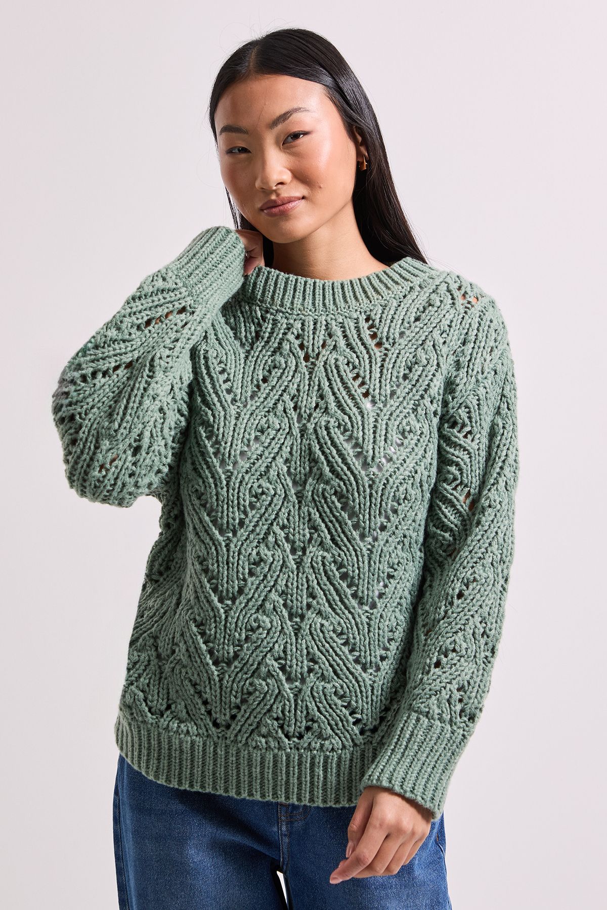 Dorothy Perkins Petite Cable Pointelle Crew Neck Jumper Sage image 1