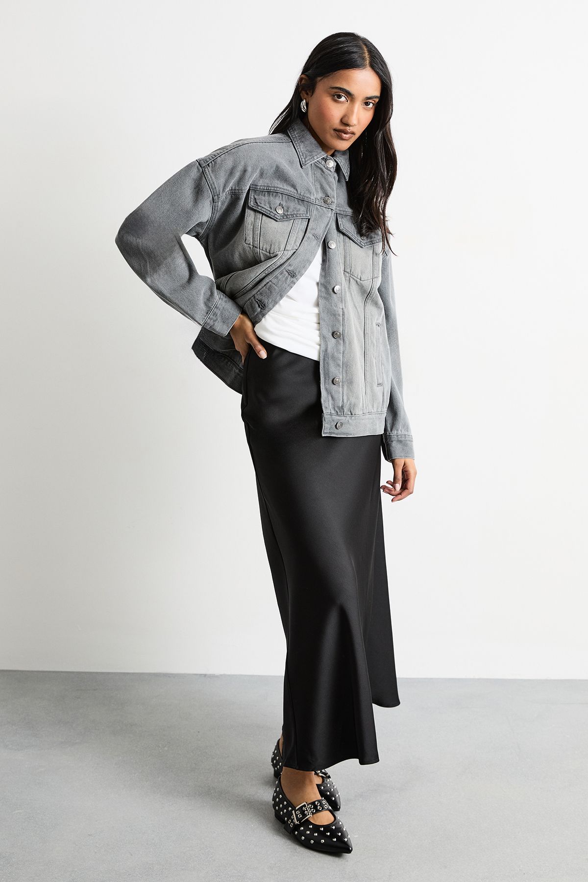 Warehouse Satin Bias Cut Maxi Skirt Black image 1