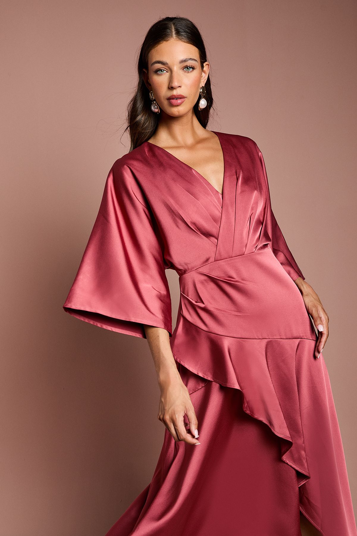 Coast Satin Back Crepe Ruffle Wrap Midi Dress Rust image 2