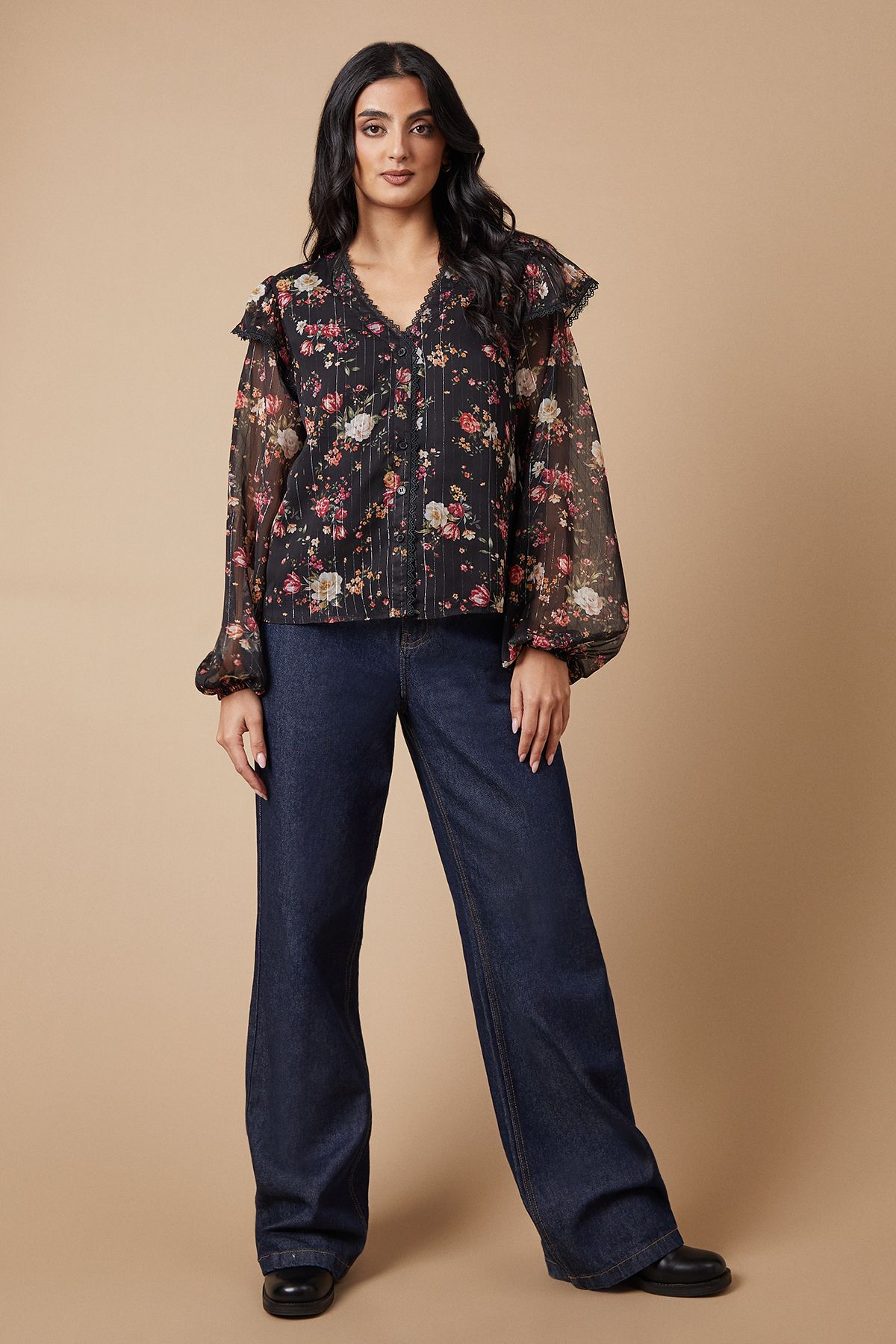 Oasis Floral Metallic Chiffon Lace Trim Ruffle Sleeve Blouse True Black image 2