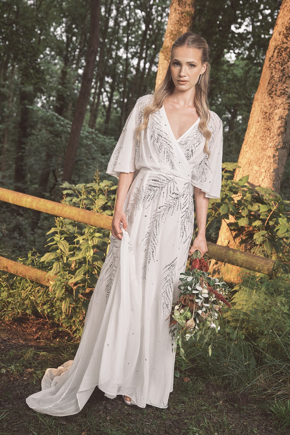 Coast Sequin and Embellished Angel Sleeve Wrap Detail Maxi Wedding Dress with Cape Back Ivory image 1