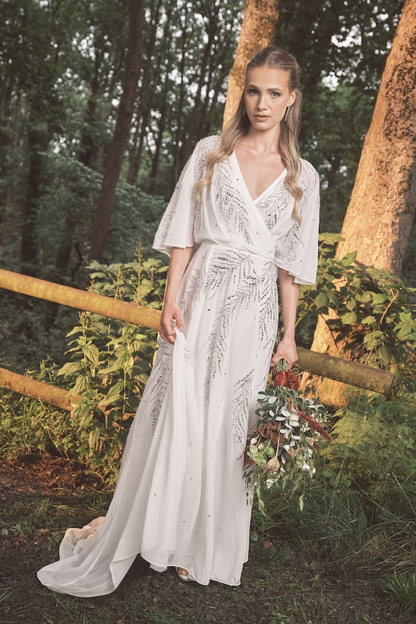 Coast Sequin and Embellished Angel Sleeve Wrap Detail Maxi Wedding Dress with Cape Back Ivory