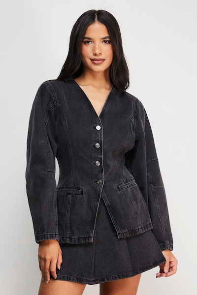 Warehouse Balloon Sleeve Nipped Waist Denim Jacket Washed Black