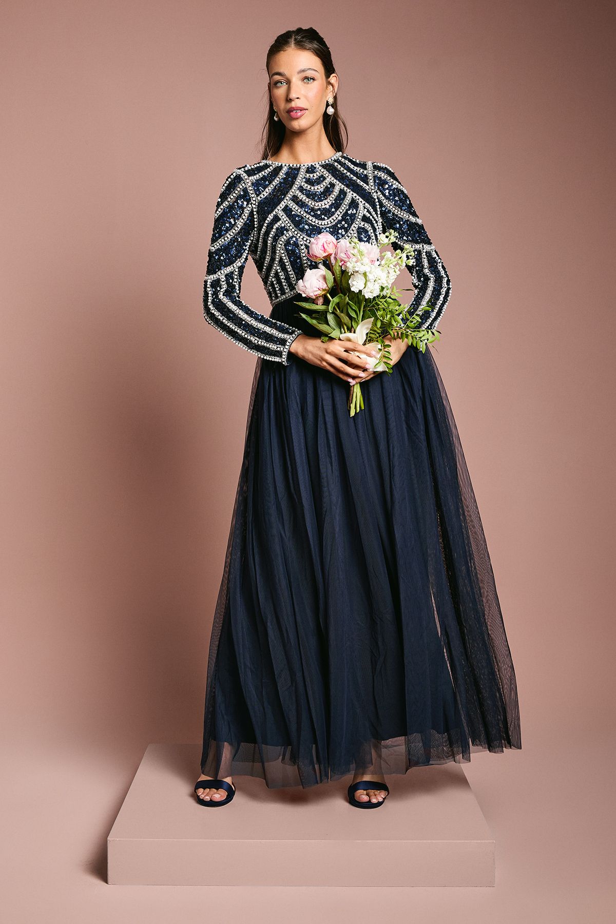Coast Coast Honoured Long Sleeve Sequin Bodice Tulle Skirt Maxi Bridesmaid Dress Navy image 1